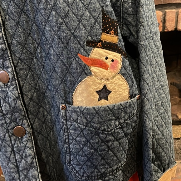 Sugar Ridge Creations Haik's denim quilted jacket with snowman appliqué size xl - Picture 2 of 8